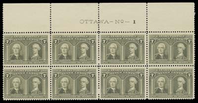 CANADA  100,A remarkable mint plate "OTTAWA - No - 1" block of eight, quite well centered; a few insignificant split perfs, lower left and upper right stamps LH, others NH including the key centre plate block of four. A rare plate block in an excellent state of preservation, VF (Unitrade cat. $6,100)