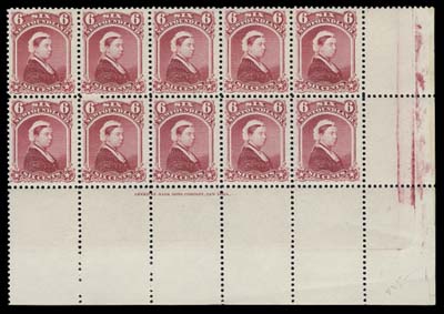 NEWFOUNDLAND  36,Lower right corner block of ten with full sheet margins, ABNC imprint below stamps 97-99, exceptionally fresh and unusually well centered for the issue, three stamps in top row are LH leaving seven NH. A wonderful plate imprint block, VF (Unitrade cat. $1,680)
