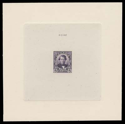 CANADA  146,Large Die Proof printed in violet, colour of issue, on india paper 76 x 75mm die sunk on larger card 117 x 116mm; the hardened die showing die "XG-147" number above design, brilliant fresh and choice, VF