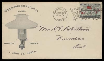 CANADA  1899 (January 16) The Toronto Auer Light Co. Light Fixture illustrated advertising cover franked with a 2c Map Stamp tied by Hamilton Flag "B" cancellation, same-day Dundas, Ont. squared circle receiver backstamp, VF (Unitrade 86)