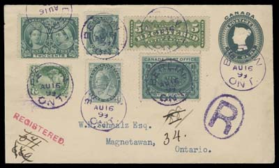 CANADA  1899 (August 16) One cent green postal envelope uprated with an impressive franking of "green" stamps - 2c Small Queen, 2c Jubilee, 1c Leaf, 1c Numeral, 5c RLS and 10c special delivery of the scarcer deep blue green shade, each tied by Berlin dispatch CDS IN VIOLET and same ink oval "R" registration handstamp, addressed to Magnetawan, Ont.; on reverse nice clear postmarks including additional dispatch datestamps in violet, RPO, Toronto, Burk