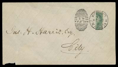 CANADA  1885 (November 28) Envelope franked with a vertically bisected 2c green, Montreal printing perf 12, neatly tied by the datestamp of a Halifax duplex; pays the 1c local drop letter rate; small cover fault at left, otherwise a clean example of the elusive bisect of the 2c Small Queen, which at the time was unauthorized but tolerated by the post office, F-VF; 1979 RPS of London cert. (Unitrade 36c; cat. $3,000)