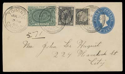 CANADA  1900 (July 25) 1c Blue postal envelope uprated with Half cent Small Queen and Leaf issues and a 10c blue green special delivery tied by three-ring Toronto CDS, paying an unusual 2c drop letter with 10c special letter carrier delivery, VF (Unitrade 34, 66, E1, EN6)