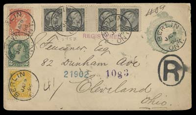 CANADA  1896 (January 29) 2c Green postal envelope uprated with a four-colour franking - Ottawa printing perf 12 1c yellow, 2c green, 3c bright vermilion and ½c black gutter margin strip of four, all tied by clear Berlin, Ont. postmarks, oval "R" registration handstamp; backflap torn and sealed with piece of adhesive, RPO transits along with Cleveland Registered JAN 31 1896 boxed receiver. A visually appealing franking paying the double letter rate (overpaid 2c) plus 5c registration to the US; few covers bearing a half cent gutter strip exist, F-VF (Unitrade 34iii, 35, 36i, 41, EN9)