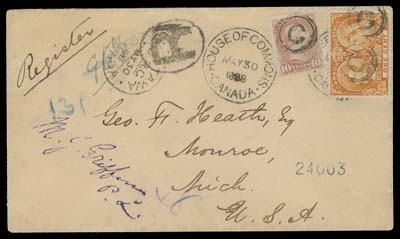 CANADA  1898 (May 30) Registered cover with circular House of Commons / Canada MAY 30 1898 (Davis CP-27i) dispatch and handstamp signature at left, OTTAWA / R.G. MAY 30 98 CDS and oval "R" registration handstamp, Windsor and Detroit MAY 31 backstamps. Handled as unofficial correspondence so postage was required with 10c salmon pink, Ottawa printing perf 12 and 1c Jubilee, neatly tied by "C" in double circle (Lacelle 334) denoting government mail that could not be "free franked". An impressive mixed-issue "free frank" cover paying double weight (6c) plus 5c registration to the US, VF (Unitrade 45b, 51)