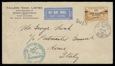 NEWFOUNDLAND  1933 (July 26) Balbo flight cover to Italy franked with $4.50 on 75c bistre, perf 13.8, Position 2 in the setting, just tied by clear St. John