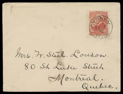 CANADA  1896 (November 2) Cover with a very scarce single-franking of the 20c Widow Weeds, tied by superb Sydney, NS NO 2 96 CDS postmark and sent to Montreal with next-day receiver, small circular "MY NO 3 96" Carrier marking. A beautiful cover, VF; the letter was delivered in one day, quite remarkable considering the distance travelled. (Unitrade 46)