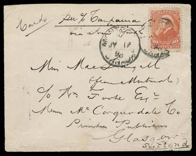 CANADA  1896 (July 17) Cover endorsed "Cards" and addressed to "McCorquodale Printer Publishers" in Glasgow, Scotland (at the time one of the largest printing companies in the UK), franked with a well centered 20c orange Widow Weeds tied by light Montreal CDS, additional clearer strike left, Glasgow JY 25 96 receiver backstamp; cover with small tear at right and minor wrinkles away from stamp, suggesting heavy content it originally carried, paid the correct quadruple UPU letter rate of 20 cent to the UK, F-VF and rare thus (Unitrade 46)
