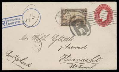 CANADA  1908 (September 4) 2c red KEVII postal envelope (full-size 152 x 90mm) uprated with 20c Québec tied by Toronto machine wavy-line datestamp and large oval "R" registration handstamp, addressed to Switzerland with British 14 SP transit and Kusnacht (Zurich) 15.IX.08 receiver backstamps. A philatelic franking, still a remarkable usage of the 20c to a Foreign destination, VF (Unitrade 103, EN25)