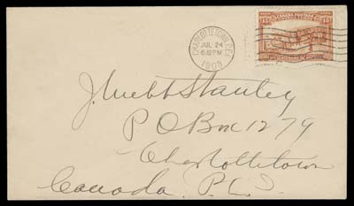 CANADA  1908 (July 24) Clean cover bearing a single usage of the 15c Québec Tercentenary tied by clear Charlottetown, PEI machine wavy-line datestamp, addressed locally, VF (Unitrade 102)
