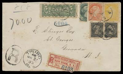 CANADA  1893 (March 27) Cover to St. Georges, Grenada, British West Indies, bearing Ottawa printing Small Queen ½c pair, 1c, 2c vertical bisect and 3c plus 5c RLS, a few perf flaws, tied by light oval "R" handstamps, additional strike at left with Truro CDS; on reverse RPO, St. John NB, New York 3 - 30 1893 double oval transits and clear Grenada 93 AP 14 receiver. New York registration label affixed on obverse of envelope; light toning and vertical crease away from stamps. A rare and exotic destination during the Small Queen era; THE ONLY REPORTED 5 cent Registered Letter Stamp cover to Grenada, Fine (Unitrade 34, 35, 36c, 41, F2)