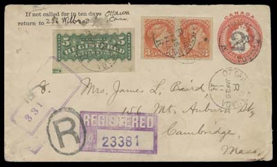 CANADA  1911 (January 25) 2c on 3c Red postal envelope with printed return notice, uprated with late usage of a 3c bright vermilion imperforate pair (crease between stamps) and a large margined imperforate 5c green RLS with imprint at foot, tied by Ottawa / R / JAN 25 11 CDS, violet registration box and oval "R" handstamp, to Massachusetts with Boston and Cambridge receiver backstamps. Light soiling and small portion of flap missing, still an unusual genuine usage of these imperforates on cover, VF (Unitrade 41b, F2c, EN23)