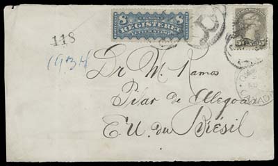CANADA  1890 (November 3) A visually striking registered cover to Brazil bearing a 5c grey Small Queen, Ottawa printing perf 12, alongside an 8c blue Registered Letter Stamp, a few short perfs, both tied by light oval "R", partially clear Quebec 90 NO 3 dispatch at right; on reverse Montreal NO 4 90 CDS transit and neatly struck New York 11 - 6 1890 double oval and superb Brazilian receivers - Pernambuco 3 DEZ 90 and Alagoas 6 DEZ 90 CDS. Cover with minor flaws clear of stamps. A late usage of the 8c RLS overpaying by 3c the 5c registration fee to Brazil, nevertheless very few covers bearing an 8c RLS are known addressed to a country outside of Europe, F-VF; 2002 Sergio Sismondo cert. (Unitrade 42, F3)

We would point out only one other Registered Letter Stamp cover has been reported to Brazil, franked with a 5c RLS on a 3c postal envelope uprated with 3c (2) and 1c Small Queens.