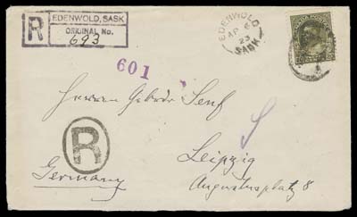 CANADA  1923 (April 6) Clean registered cover mailed from Edenwold, Sask. to Leipzig, Germany, bearing a seldom seen single-franking of the 20c dark olive green, wet printing, tied by oval "R", additional strike at left along with neat Registry box of Edenwold, Sask., split ring dispatch plus two additional strikes on back along with two different RPOs, Montreal transit and Leipzig 26.4.23 arrival CDS. Paid 10c (first ounce) & 5 cent for additional ounce + 5 cent registration, VF and attractive (Unitrade 119c)