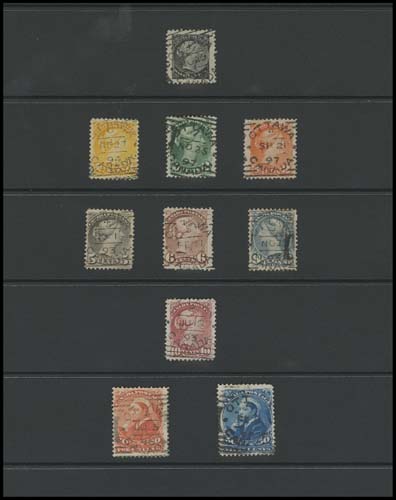 CANADA  34/47,The basic set of ten denominations of the Small Queen & Widow Weeds, all 1890s Ottawa printings except for late 1880s 6c cold brown shade with a few short perfs at foot, all are sound and show unusually selected, centrally struck Ottawa squared circles, F-VF stamps with VF strikes