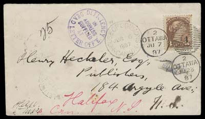 CANADA  1887 (June 7) Envelope with embossed crest on back postmarked House of Commons Canada in black (Davis CP-25) with 3c orange red Small Queen, oxidized colour but large margined and neatly tied by Ottawa duplex, missent to New York with (JUN 10) arrival, returned to Ottawa Dead Letter Office (JU 23); unusual Deficiency in Address Supplied at DLO handstamp, then sent to Halifax with receiver backstamp. A neat DLO official cover, VF