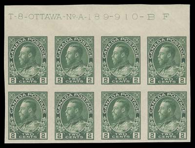 CANADA  137,Mint Plate 189 block of eight with full imprint, faint hinging in upper corners, stamps are NH, VF (Cat. as hinged)