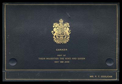 CANADA  Royal blue leather folder "pouch" style measuring 230 x 155mm; Canada Coat of Arms and inscribed "CANADA / VISIT OF / THEIR MAJESTIES THE KING AND QUEEN / MAY 1939 JUNE" below with surrounding frameline, "MR. P.T. Cooligan" (Assistant Deputy Postmaster General) in lower right corner. All inscriptions and framelines are embossed in gold with closing snaps, containing handmade card with silk holding strips displaying 1937-1938 King George VI Mufti and Pictorial set to $1, 1939 Royal Visit set, 1939 10c special delivery and 1935 postage due original set of four in red violet shade; all fresh mint NH. Very few of these booklets were  produced, rare, VF