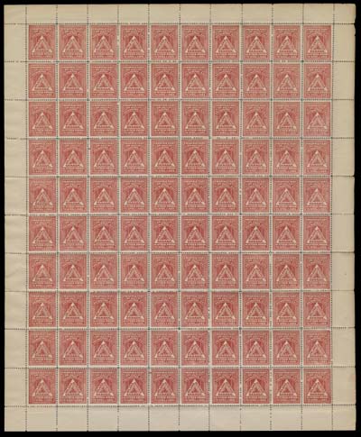 CANADA REVENUES (FEDERAL)  FM1, FM1a,Mint sheet of 100, issued without plate inscription, perf separation throughout right margin but quite well centered, shows the constant large dot before CANADA variety (Pos 53) plus minor varieties on other positions (counted as normal). A scarce sheet, VF NH (Van Dam cat. $530)