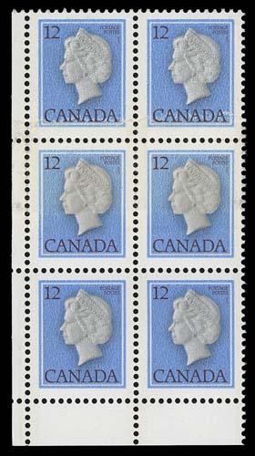 CANADA  713 variety,Lower left blank field stock corner block of six showing a DOUBLE PAPER variety, the paste-up measures about 15mm wide. An unlisted and rare variety, VF NH 
