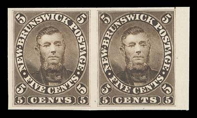 NEW BRUNSWICK  5P, vii,Plate essay pair in brown on card mounted india paper, sheet margin at right, shows Major Re-entry (Pos. 60) on right stamp with remarkable doubling visible throughout left side of design, rare and striking, VF