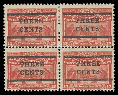 NEWFOUNDLAND  128,A scarce mint block of four of this elusive setting (only 120 panes of 25 were printed), top pair hinged at centre, lower pair is NH, F-VF