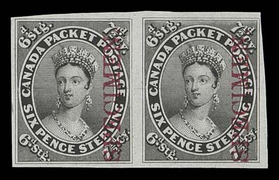 CANADA  9TCi,Trial colour plate proof pair in black on india paper with vertical SPECIMEN overprint in carmine, seldom seen, VF