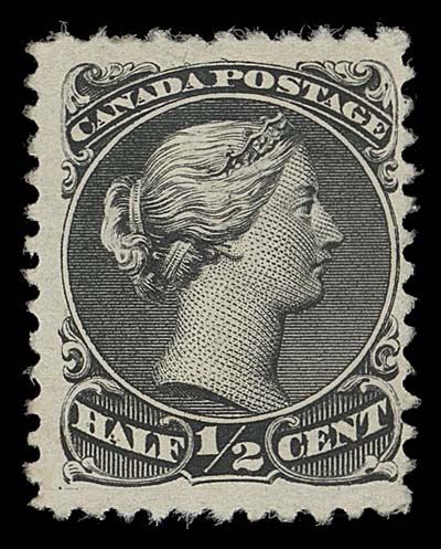 CANADA  21 variety, ii, iv,A remarkable unused example with bold colour and sharp impression on the distinctive and scarce thick almost "blotting" paper, showing both line above "P" of "POSTAGE" and "spur" in scroll left of "H" varieties. A very scarce combination of paper type and plate varieties, Fine+; 2017 Greene Foundation cert.