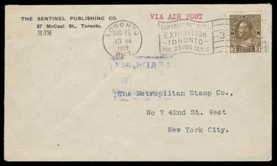 CANADA  1919 (August 25) Toronto - New York Air Race Flight; a beautiful cover seldom seen in such an excellent state of preservation, franked with 3c yellow brown Admiral tied by Toronto AUG 25 10AM 1919 slogan; on reverse a well centered, sound $1 red and blue Aero Club of Canada with bold rich colours superbly tied by rectangular AERIAL MAIL AUG 25 1919 TORONTO, CANADA boxed cachet in blue. One of the nicest covers one can hope to find for this pioneer flight, VF+ (Unitrade 108b, CLP3)