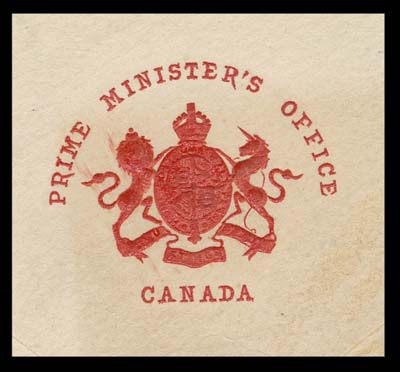 CANADA STAMPLESS COVERS  1912 (November 22) Cover from Robert L. Borden office with embossed crest of Prime Minister