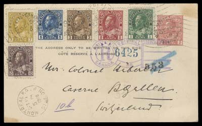 CANADA  1919 (October 15) 2c carmine postal card uprated with Admiral 1c green, 2c carmine, 3c brown, 5c blue, 7c olive bistre and 10c plum tied by Montreal Station H split rings, additional CDS dispatch at left and "keyhole" type registration handstamp in purple, mailed to St. Gallen, Switzerland with London 8 NO and St. Gallen 10. XI.19 backstamps; couple age spots on card, an attractive and colourful franking, VF (Unitrade 104, 106, 108, 111, 113, 116, P72)