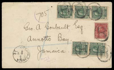 CANADA  1916 (March 6) Registered cover to Jamaica, showing an unusual franking of pair and strip of three 1c green and a 2c+1c rose red, Die I War Tax, latter with perf fault, all well tied by oval "R" handstamps, Ottawa CDS dispatch at left; neat double oval New York 3-18 & 3-19 transits, Annotto Bay Jamaica MR 28 16 double ring CDS on arrival; pays the 1c War Tax, 2c Empire letter rate and 5c registration, VF (Unitrade MR1, MR3b)