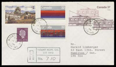 CANADA  996a, ii,two covers - one franked with the missing silver and tagging error and the other with a major shift of the silver; on 1988 (11.IV) and 1987 (28.X) uprated postal envelopes from Mount Hope, Ont. and Troy, Ont. respectively. An appealing and rare duo, VF