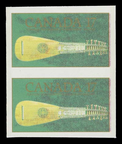 CANADA  878 footnote,Imperforate pair with brown and most of the magenta missing, unusually sound as most existing pairs are found with some degree of faults; much nicer than normally encountered, VF NH