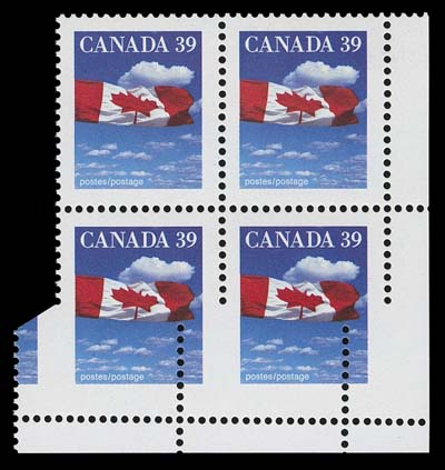 CANADA  1166 variety,Blank corner block with a major horizontal shift of the "H-Comb" at foot resulting in a most striking perforation variety, VF NH