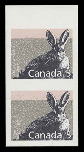 CANADA  1158a,A seldom seen mint imperforate pair, sheet margin at top, in pristine condition and much tougher to find than other Mammal issues, XF NH