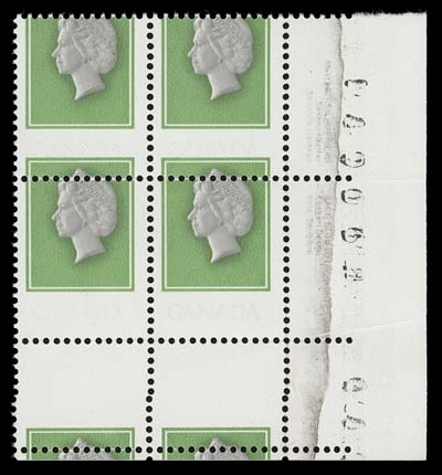 CANADA  789d,Mint corner margin block displaying the printing shift and black engraved inscriptions omitted. A showpiece block with interpanneau gutter margin at foot along with portion of stamps from the adjacent sheet, BABN serial number in oversized right margin; couple negligible marginal creases. A UNIQUE positional block, VF NH