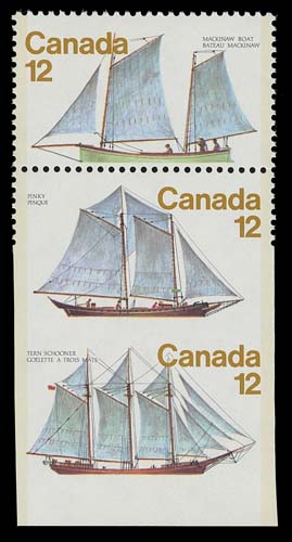 CANADA  747bi,Se-tenant vertical strip of three, completely imperforate below lower half of second  stamp. Very rare with only three sheets found consisting of six se-tenant blocks and three such strips, VF NH