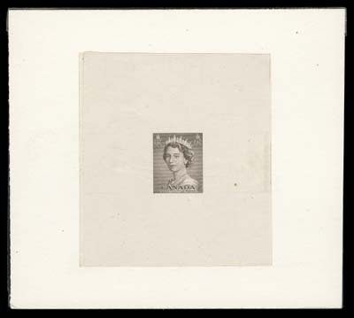 CANADA  Engraved Progressive Die Proof in violet brown, colour of the issued one cent but without denomination and hidden date. Albino "ER" scroll outside design at top right, printed on india paper with nearly full die sinkage, mounted on larger archival card with transparent plastic overlay; one negligible tone spot at right, a very scarce and desirable initial stage proof, VF
