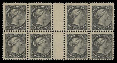 CANADA  34iii,An impressive mint interpanneau gutter margin block of eight, nicely centered with intact perforations, strong reverse printing offset on gum side characteristic of the later printings. A wonderful block in premium quality, VF+ NH (Unitrade cat. as two gutter pairs)