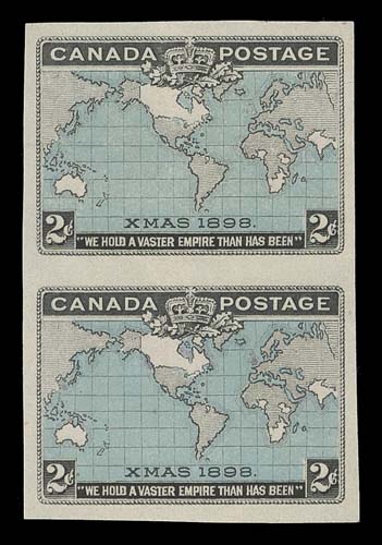 CANADA  86a, 86iv, 86v,Three different imperforate pairs on ungummed wove paper; one in black only in unusually sound condition; the next the rarely seen black and dark blue with the red colour omitted, couple vertical creases; and lastly a select pair in black, red and light blue oceans, VF (Unitrade cat. $3,450)