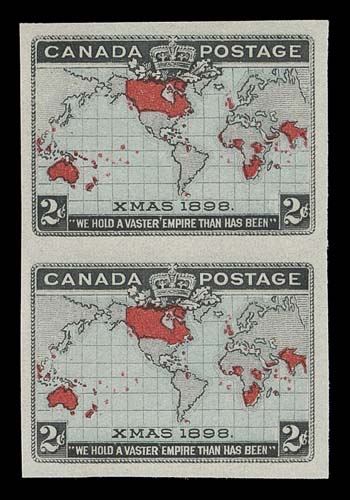 CANADA  86a, 86iv, 86v,Three different imperforate pairs on ungummed wove paper; one in black only in unusually sound condition; the next the rarely seen black and dark blue with the red colour omitted, couple vertical creases; and lastly a select pair in black, red and light blue oceans, VF (Unitrade cat. $3,450)