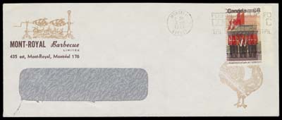 CANADA  Two matching covers - one being a "window" envelope, each franked with a different Double Impression error single (of the se-tenant pair) and tied by Montreal 8 VII and 9 VII 1976 machine datestamps. Purchased by from Kasimir Bileski in June 1982; his letter accompanies and documents these and other double impression errors that he was able to purchase, VF (Unitrade 693d)
