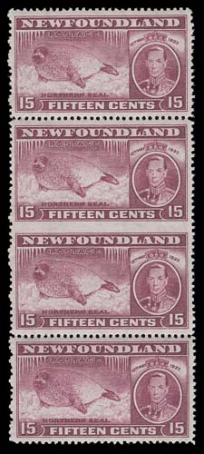NEWFOUNDLAND  239a,An unusually fresh and well centered mint vertical strip of four, imperforate horizontally between centre pair, full immaculate original gum, never hinged. A desirable KGVI perforation error rarely seen in such top-quality, VF+ NH
