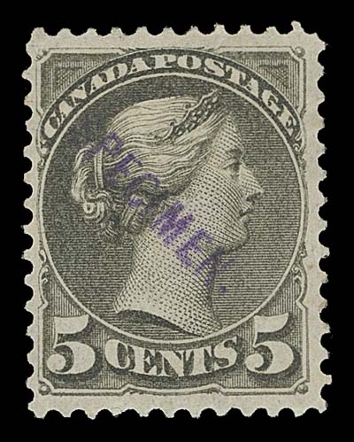 CANADA  34/45,The set of seven with diagonal sans-serifed SPECIMEN handstamp overprint in violet prepared for the 1891 UPU Congress which took place in Vienna, part OG or without gum, Fine and scarceThe 1c, 5c and 6c are late Montreal printings, other values are Second Ottawa printings; lacks the 8c and the Widow Weeds as they were issued in 1893.