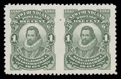 NEWFOUNDLAND  87xiii,A well centered mint pair imperforate vertically between; shows the constant listed varieties - "NFW" (Pos. 41) and "Jamrs" (Pos. 42); tiny natural inclusion between stamps, fresh with intact perforations and full original gum. A rare combination of perforation and plate varieties, VF NH