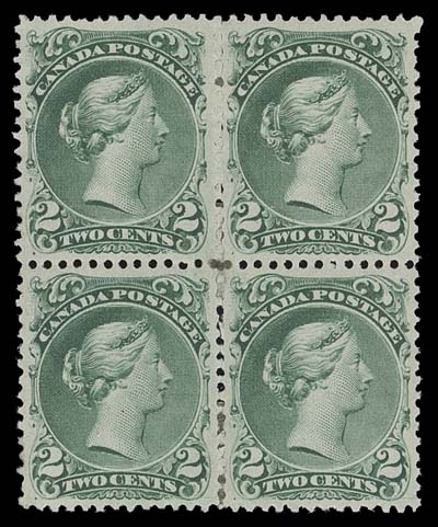 CANADA  24iv,An extremely well centered mint block of four showing the characteristic shade and prominent vertical mesh paper associated with this paper type, original gum partially disturbed, perforations sensibly strengthened by hinges, nevertheless in a remarkable state of preservation and still showing a large part white, shiny original gum. A superior multiple - in fact one would find it hard to secure a nicer block, VF+ OG; ex. Fred Jarrett (February 1960; Lot 130) 