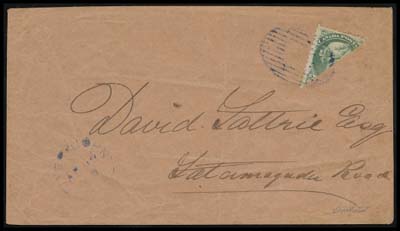 CANADA  1879 (April 14) Red orange envelope sent unsealed from River John, Nova Scotia to Tatamagouche, bearing a diagonal bisect of the 2c green (Montreal printing) perf 12, nicely tied by oval grid, mostly legible River John split ring dispatch at left; pays the domestic printed matter rate of 1 cent (per four ounces). Envelope has overall minor wrinkling in no way touching the bisected stamp. A rare printed matter franking, only a few such usages exist, especially prior to 1880; pencil signed by expert Sergio Sismondo, VF (Unitrade 36b; catalogue value $3,000)