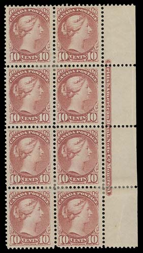 CANADA  45a,An outstanding, unusually well centered and fresh mint imprint block of eight, lovely distinctive colour and showing the full BABN imprint (Boggs Type V) in the right sheet margin, a few split perfs and minor creases entirely confined to selvedge, all stamps are sound. A visually striking and beautiful plate multiple, VF OG (Cat. $6,400 as stamps only)