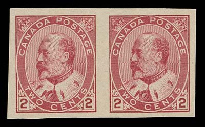 CANADA  90c,Imperforate pair ex Plate 1 in the distinctive deep shade, large margins, ungummed as issued, VF